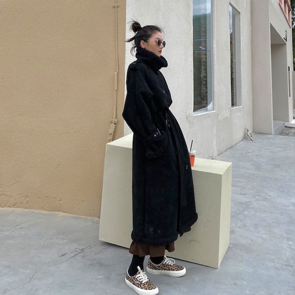 

women's leather faux fur one long grain sheep shearing coat lamb suede 230215, Black