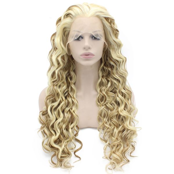 

26" extra long blonde curly wig heat friendly synthetic hair lace front wig, Black