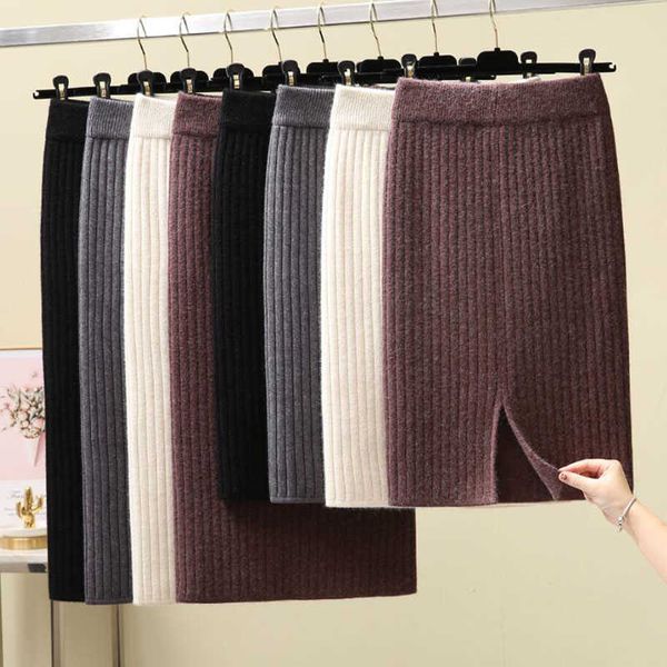 

skirts elastic women skirt 2022 autumn winter split warm knitted pencil skirts office ladies high waist party elegant long skirt l230215, Black