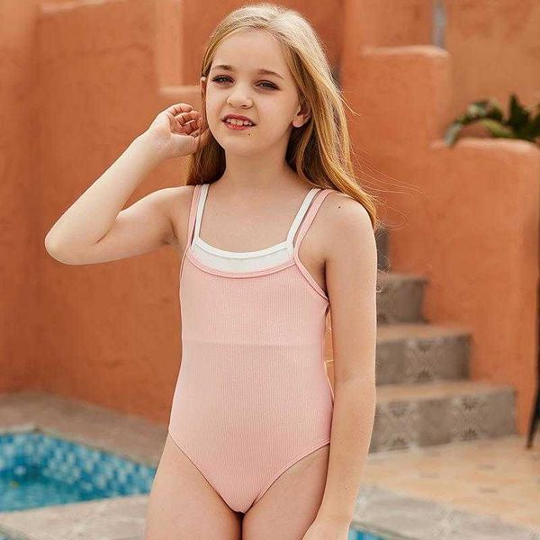 

childrens one piece one piece solid color pink and white girls swimming pool, Black