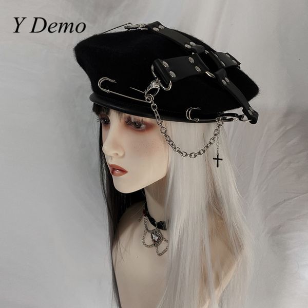 

berets y demo gothic handmade pu cross buckles movable pins women's beret punk hat grunge 230215, Blue;gray