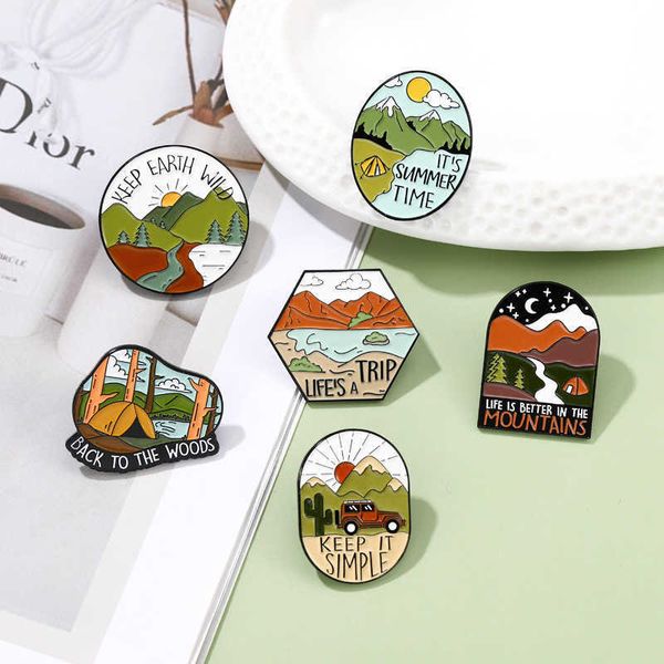 

outdoor tourism series alloy brooch guide sign mountain river and lake clothing metal decoration badge, Gray