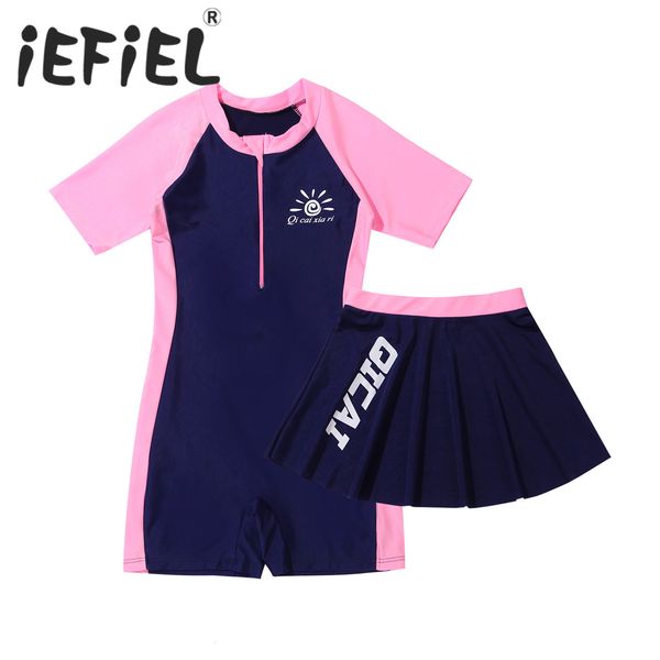 

children's swimwear kids girls swimsuits sets beachwear outfit mock neck short sleeves front zipper short swimming jumpsuit with skirt