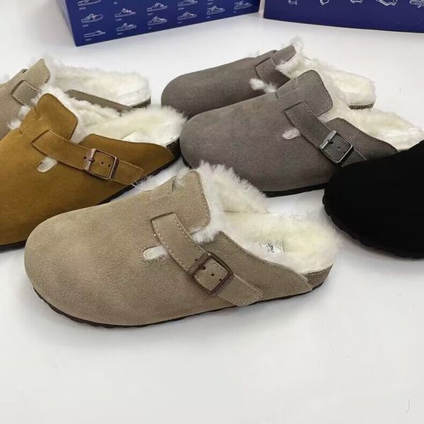 

2022 new round toe slipper baotou cow suede belt buckle wool warm flat bottom comfortable half slippers fur sandals beach, Black