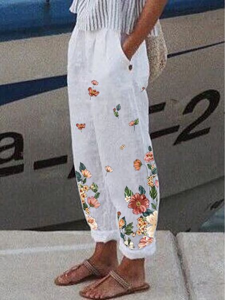 

women's pants capris cotton linen elegant vintage floral print women pants elastic waist pockets casual streetwear work wear loose trou, Black;white