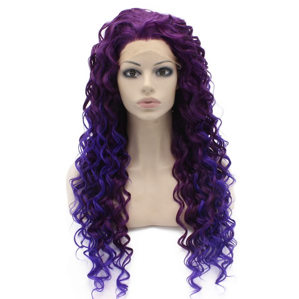 

26" extra long two tone purple curly wig heat friendly synthetic hair lace front party wig, Black