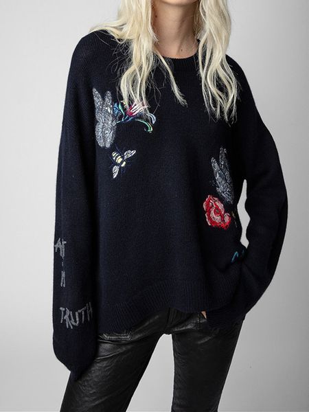 

womens sweater butterfly flower letter embroidery sweater 100% cashmere long sleeve ladies jumper autumn winter round neck 230214, White;black