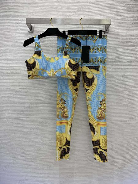 

womens yoga two piece pants colorful printed chest pad design irregular vest match tight leggings high stretch yoga tracksuits women clothi, White