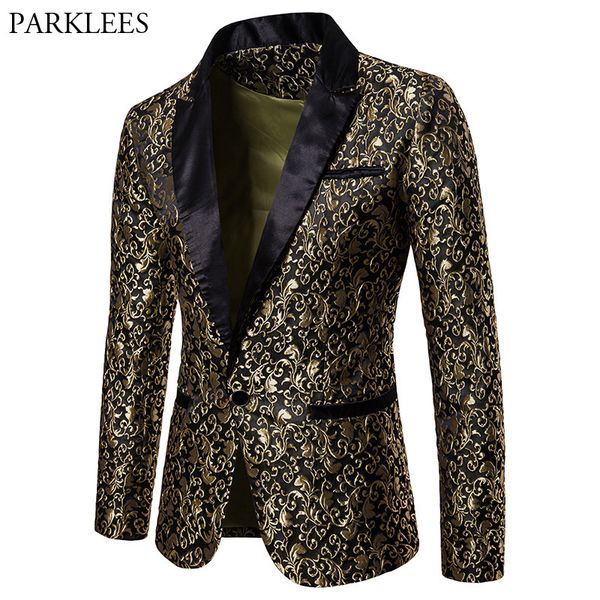 

men's suits blazers gold jacquard bronzing floral blazer men brand mens patchwork one button blazer jacket party stage singer costume h, White;black