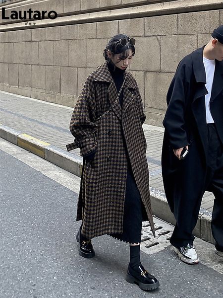 

women's jackets lautaro autumn winter long loose casual soft plaid woolen coat women double breasted stylish chic luxury designer cloth, Black;brown