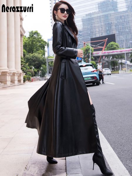 

women's leather faux nerazzurri maxi fit and flare leather trench coat for women spring long luxury designer clothing long sleeve lapel, Black