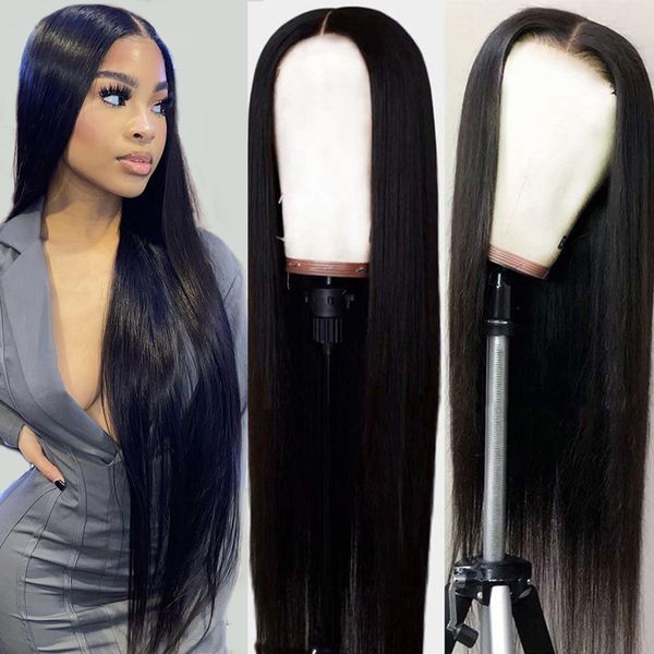 

closure wig straight human hair wigs 30 32inch 4x4 lace closure wig with baby hair indian pre plucked transparent lace wig, Black