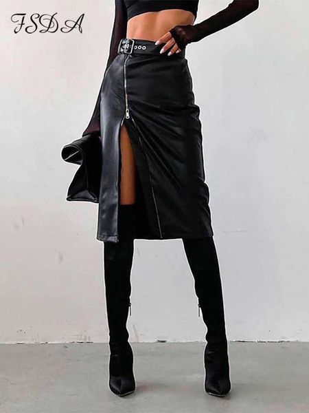 

skirts fsda 2022 autumn winter black pencil skirts women pu leather high waist split with belt midi skirt bodycon party l230215