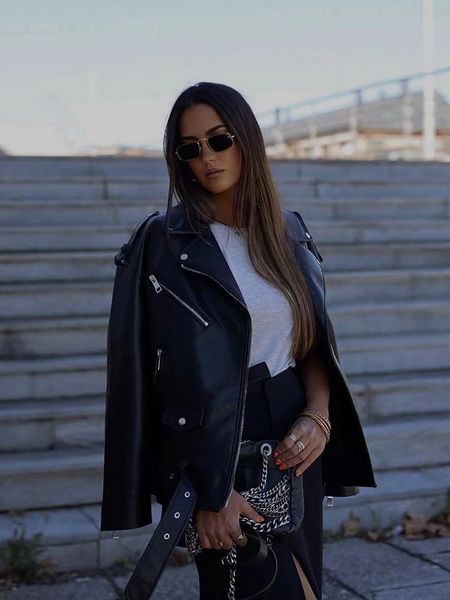 

women's leather faux zack rain women biker style imitation oversize jacket fall winter ladies coat vintage female outwear 230215, Black