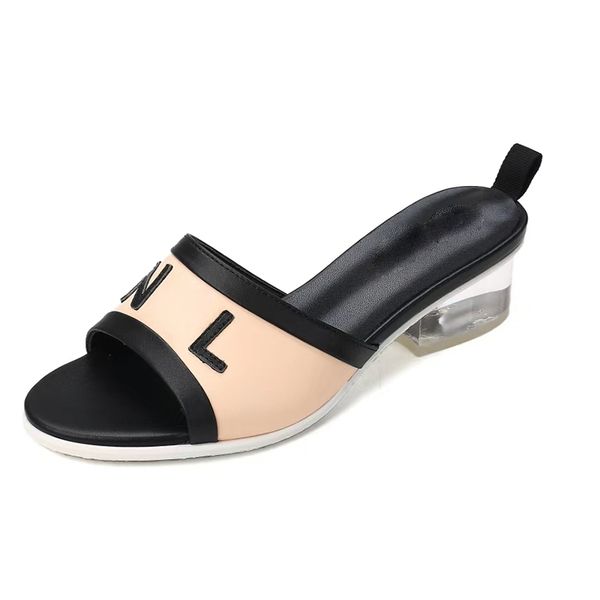 

classic womens sandals sheepskin transparent slippers heels height 4cm round toes slip-on slides mules loafers outdoor casual shoe comfortab, Black