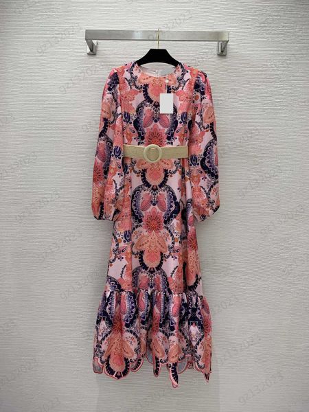 

national retro style dress floral print crewneck long sleeves dresses back zipper belt design corset waist slim maxiskit dresses for women c, Black;gray