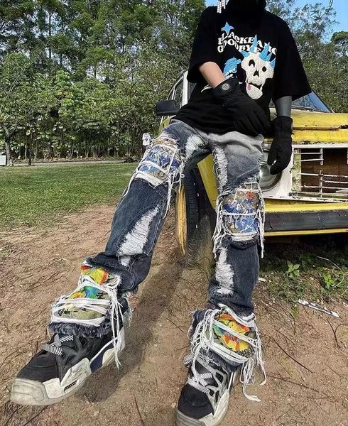 

men's jeans destruction brushed washed heavy industry embroidered loose straight leg ripped jeans man woman bleached dyed pants 230214, Blue