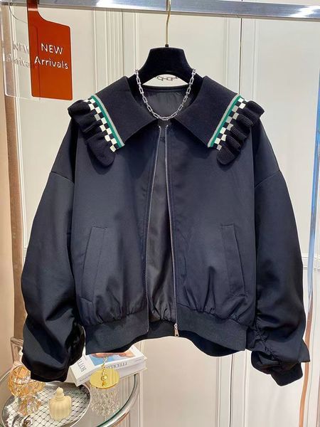 

womens jackets autumn fashion letter embroidery casual ruched fungus peter pan collar zip up coats harajuku streetwear outwear 230215, Black;brown