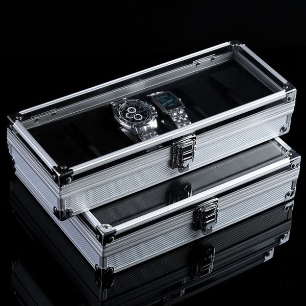 

watch boxes cases 6 grid card slot watch safe exhibition box jewelry watches aluminium alloy display storage case transparent watch stand bo, Black;blue