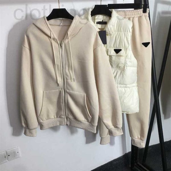

women's two piece pants new lady tracksuit three-piece suit rubber triangle standard sleeveless hooded cotton vest long-sleeved jacket, White