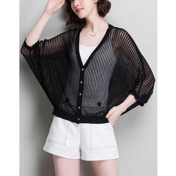 

outdoor t-shirts summer 2022 new women loose batshaped vneck threequarter sleeves ice silk knit cardigan hollow sun protection clothing y98, Gray;blue