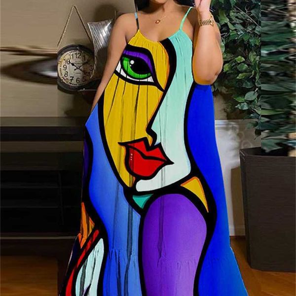 

plus size 3xl 4xl 5xl casual women maxi dresses 2023 summer new suspender long dress 3d digital print, Black;gray