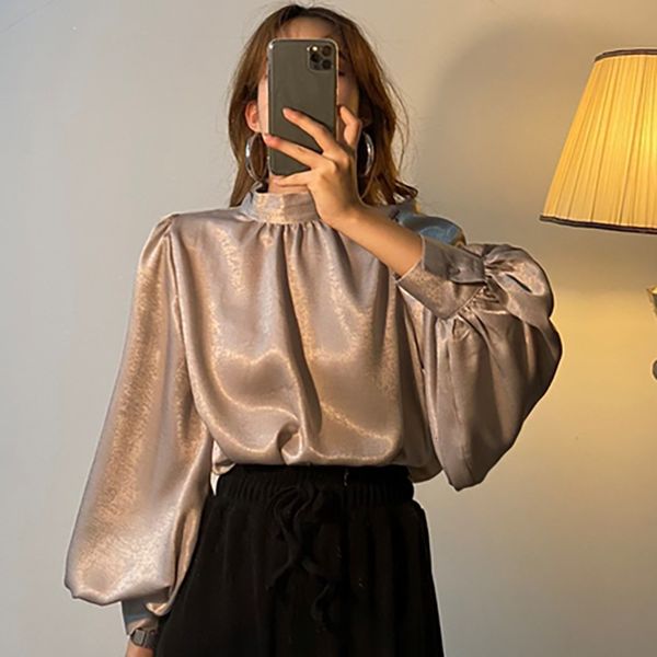 

womens blouses shirts satin blouse long lantern sleeve office chic ladies shirt white korean fashion clothing black spring women chemise 230