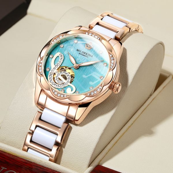 

wristwatches designer mechanical watches women luxury brand ceramic stainless steel diamond music ladies automatic wristwatches 230215, Slivery;brown