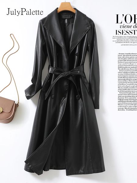 

women's leather faux julypalette m5xl fashion turn down collar women long sleeve belt sheepskin outwear fall genuine trench coats 23021, Black