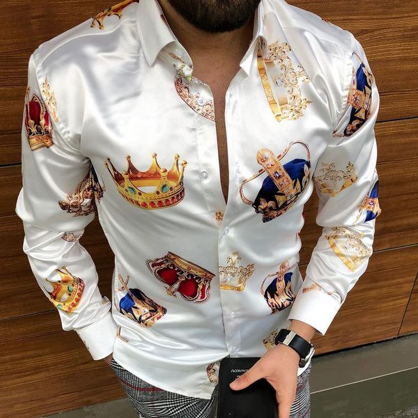 

mens casual shirts spring and autumn men fashion crown flower print long sleeve turndown collar silky shirt 230214, White;black