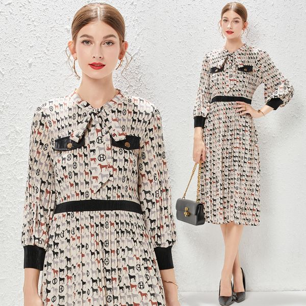 

2023 print lapel classic shirt midi dress women designer long sleeve dresses casual vacation slim a-line robe spring autumn ladies chic loos, White;black