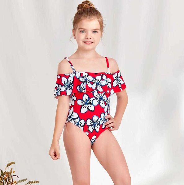 

childrens one piece swimsuit one pieces spaghetti strap ruffle fresh flowers, Black