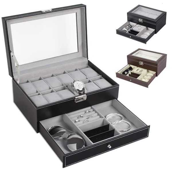 

watch boxes cases 2tier 12 slots watch box storage men women pu leather watch organizer jewelry display case organizer with jewelry drawer g, Black;blue
