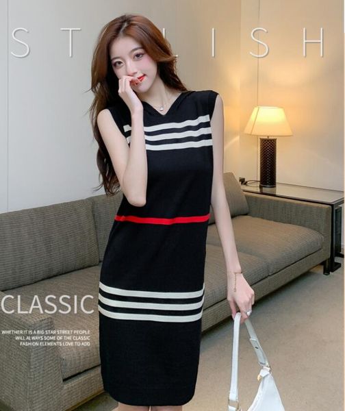 

women's clothing striped knitted dress summer casual loose hooded sleeveless knee-length dresses for women 2023 elegant sweet fashion, Black;gray