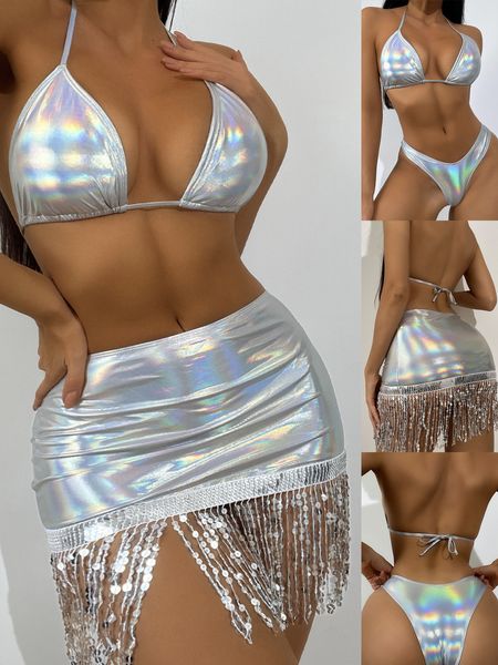 

women's swimwear 3 piece bikini sets fashion bandage tube and sequin tassel skirt with thong shiny swimsuits holiday swim beachwear 23, White;black
