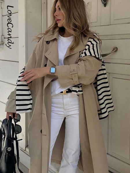 

women's trench coats casual loose women belted coat elegant 2023 spring oversized double breasted windbreaker vintage chic ladies outer, Tan;black
