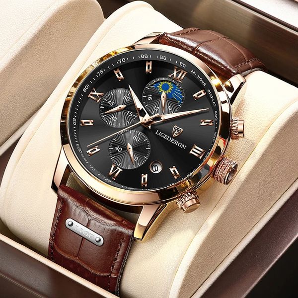 

wristwatches lige brand watch men leather sports watches mens army military quartz wristwatch chronograph male clock relogio masculinobox 23, Slivery;brown