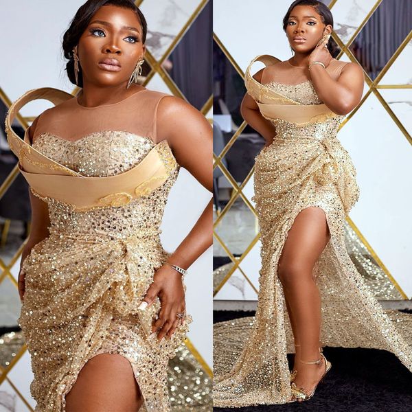 

2023 arabic aso ebi mermaid gold prom dresses beaded sequined lace evening formal party second reception birthday engagement gowns dress zj6, Black