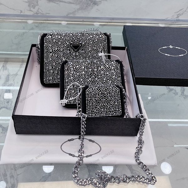

23 full rhinestones womens leathe totes shoulde bags diagonal crossbody 3 in 1 p bag luxury designer silver metal triangle handbags for wome