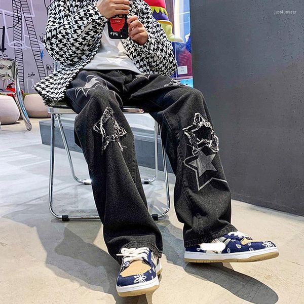 

streetwear printed patchwork male baggy jean straight trousers for men vintage women's men's korean denim pants y2k cltohes, Blue