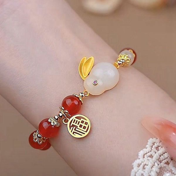 

10pcs chinese style jade rabbit blessing elastic beaded bracelet for women charm bunny animal bangle jewelry gifts, Golden;silver