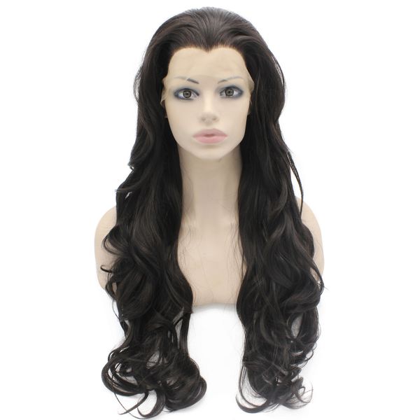 

26" extra long dark brown wavy wig heat safe synthetic hair wig front lace wig, Black