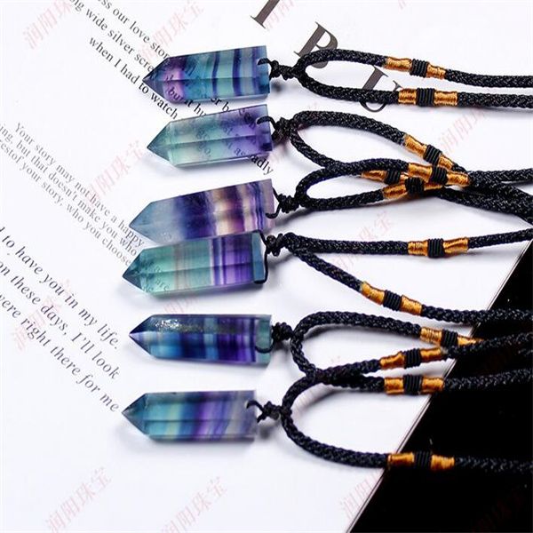 

pendant necklaces natural crystal rainbow fluorite single point hexagonal prism pendant stripe crystal fluorite necklace health energy stone, Silver