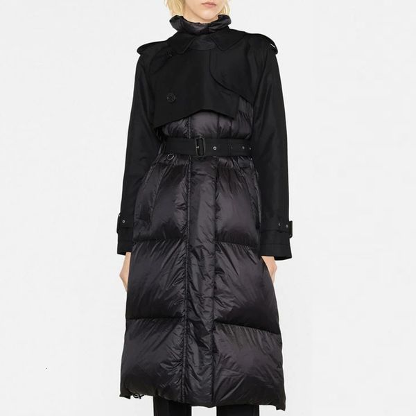 

women's vests fake two pieces stitching down coat stand collar long sleeve ladies fashion long jacket 230215, Black;white