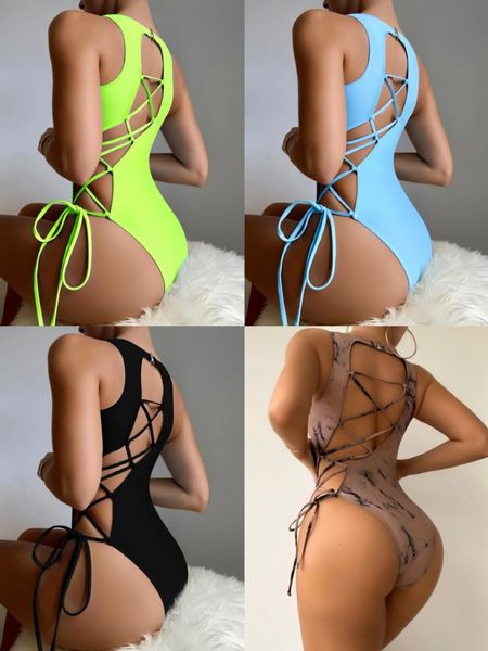 

women's swimwear lace up swimsuit high neck woman solid monokini swimming suit backless bathing women 230215, White;black