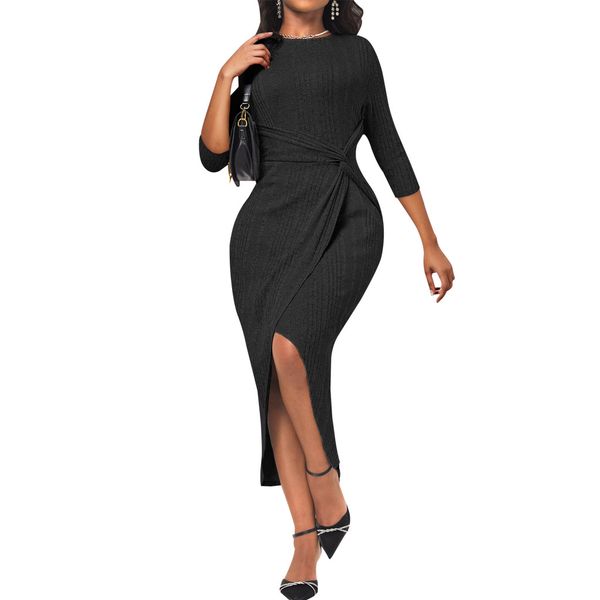 

women casual dresses wrap crew neck 3/4 long sleeve formal business bodycon midi dress, Black;gray