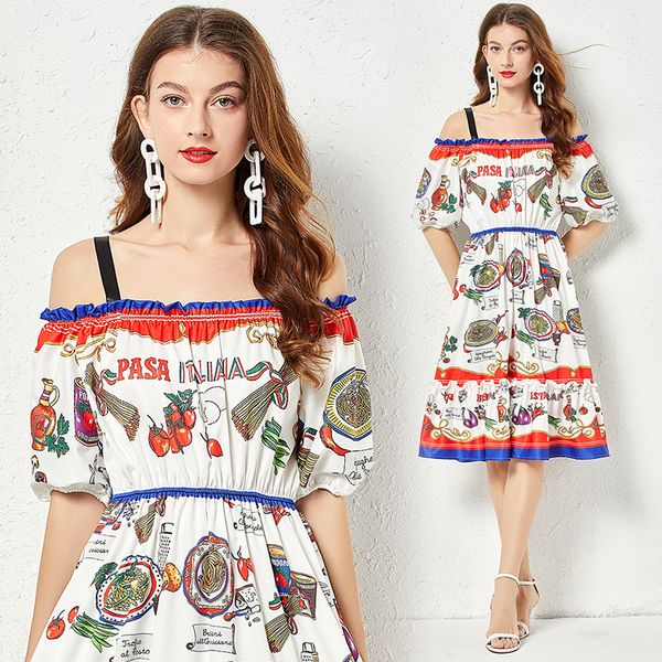 

2023 summer fashion print midi dress women designer off shoulder sleeve slim a-line birthday dinner dresses sweet cute robe ladies loose cas, Black;gray