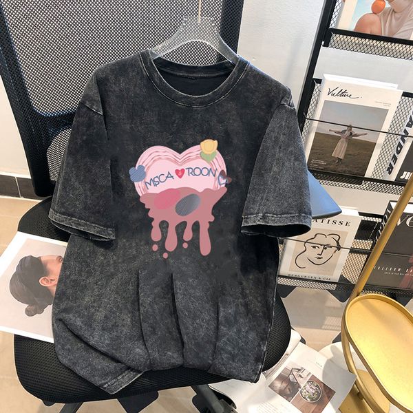 

women's t-shirt round neck loose large vintage trend black print top, White