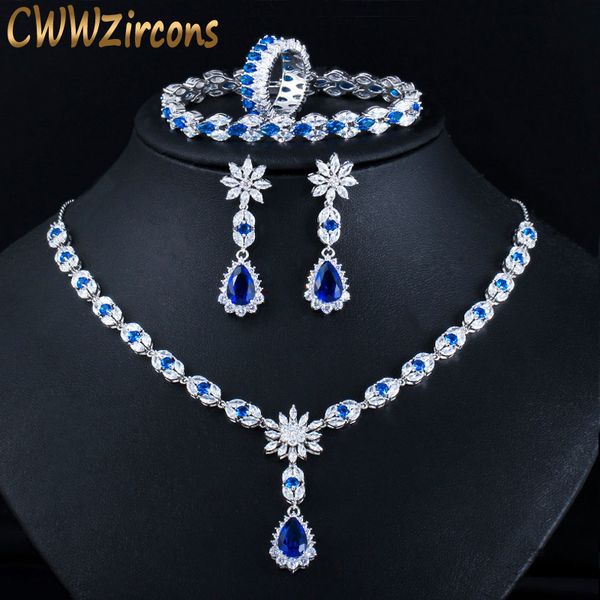 

wedding jewelry sets cwwzircons 4 pcs blue cubic zircon crystal flower drop wedding necklace earring bracelet ring bridal costume jewelry se, Slivery;golden