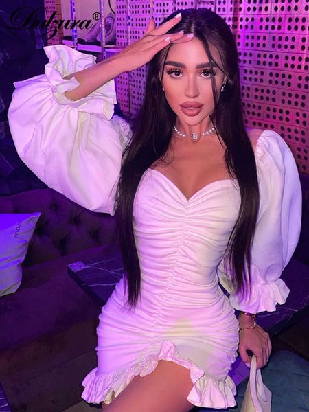 

casual dresses dulzura 2021 autumn winter women solid puff long sleeve off shoulder ruched mini dress ruffle bodycon elegant party club slim, Black;gray